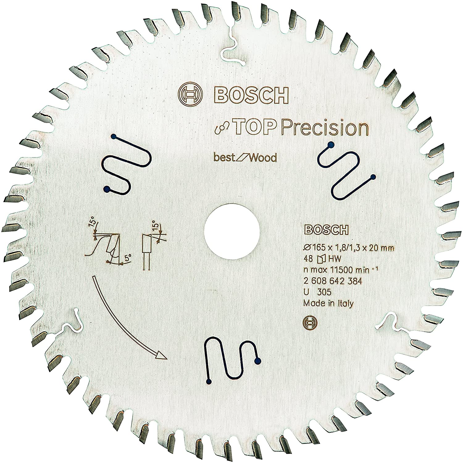 BOSCH Circular Saw Blade Top Precision Best for Wood 165x 20x 48T - ใบเลื่อยสำหรับเลื่อยราง (Track Saw) สำหรับการตัดไม้ที่ต้องการคุณภาพสูงสุด (Made in Italy) - 2608642384