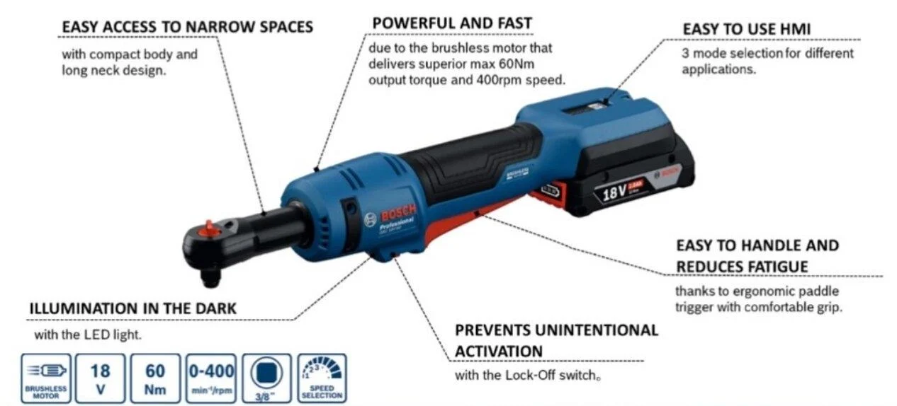 BOSCH GRC 18V-60 Extremely Powerful Ratches Wrench - ประแจด้ามฟรีไร้สาย 3/8 นิ้ว 18V.แรงบิด 60 Nm.