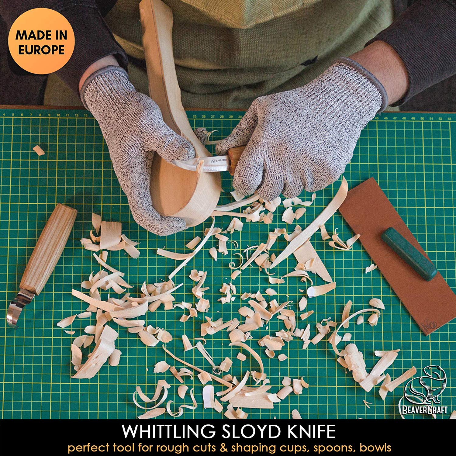 BeaverCraft S01 Wood Spoon Carving Knives Set - ชุดมีดแกะสลักไม้สำหรับขุดช้อน ถ้วย 2 เล่ม หนังลับและไขลับคม มาพร้อมม้วนซองใส่มีด (Made in Ukraine)