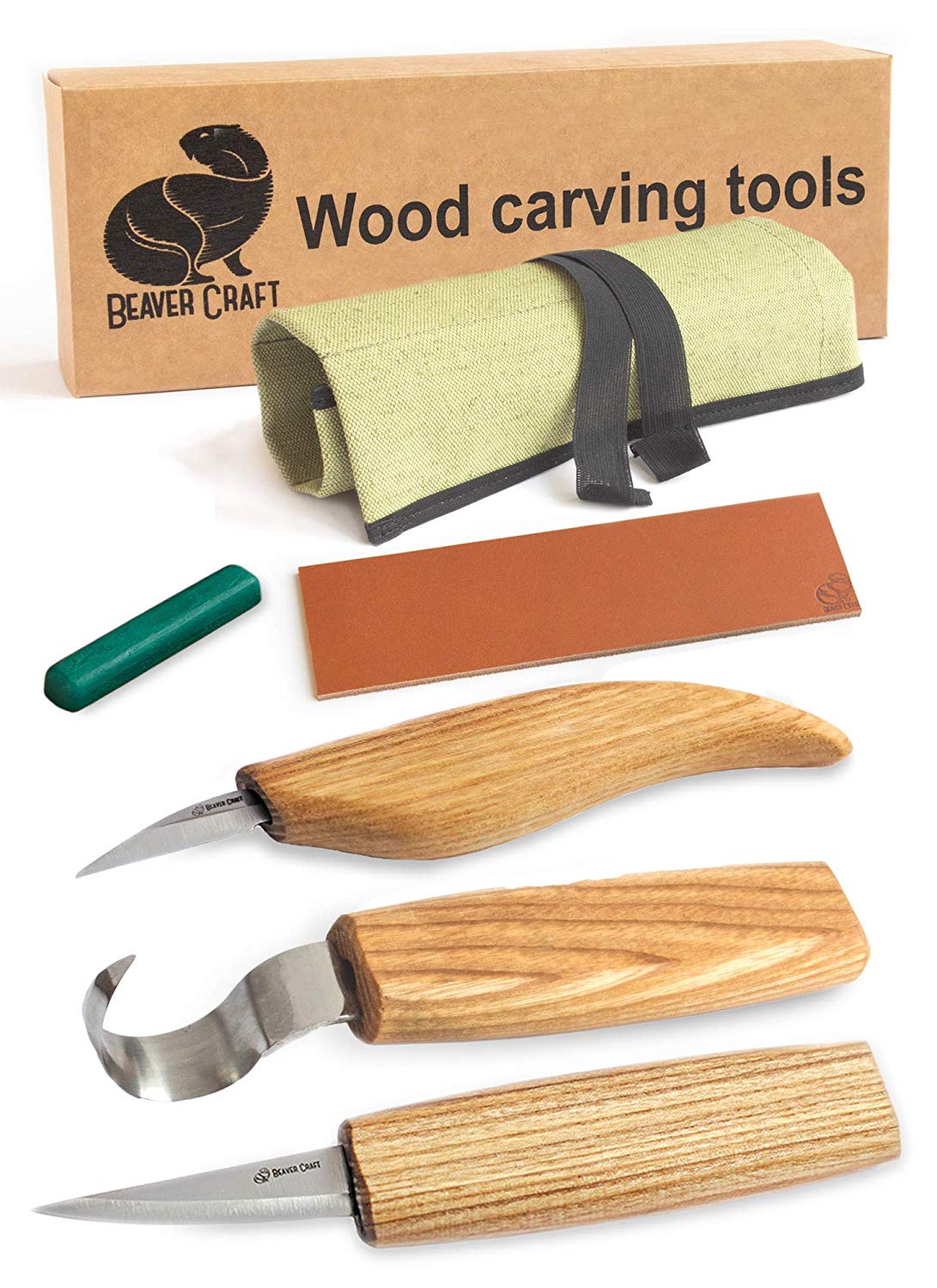 BeaverCraft S17 Spoon Carving Set Wood Carving Kit ชุดมีดแกะสลักไม้สำหรับขุดช้อน ถ้วย 3 เล่ม หนังลับและไขลับคม มาพร้อมม้วนซองใส่มีด (Made in Ukraine)
