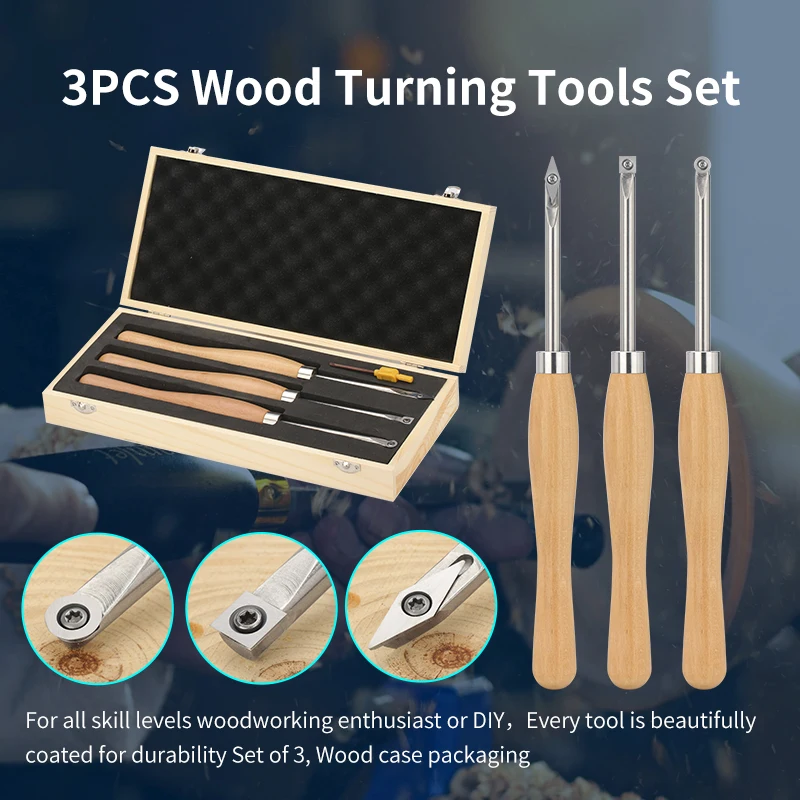 XCAN DK0383PCMH - Carbide Tipped Mini Turning Tool -3 piece set in Wooden Box - มีดกลึงปลายคาร์ไบด์ขนาดเล็ก ชุด3เล่ม ในกล่องไม้ XCAN รุ่น DK0383PCZH