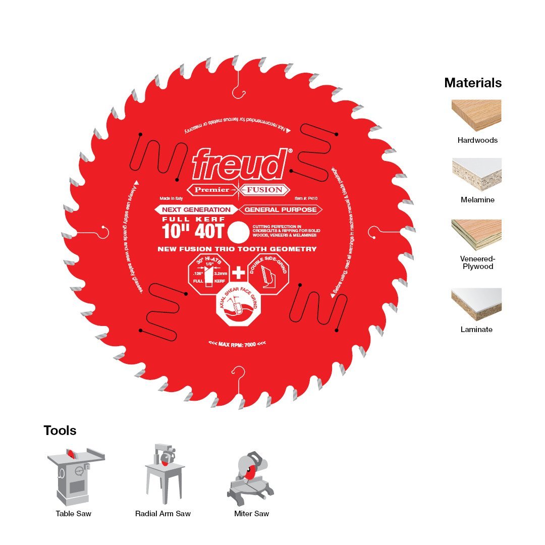 FREUD P410 - 10" x 40T Hi-ATB Premier Fusion Saw Blade, 5/8-inch Arbor -ใบเลื่อยโต๊ะเลื่อยสำหรับตัดอเนกประสงค์ U.S.A. (Made in Italy) สินค้าสั่งซื้อล่วงหน้า Pre-Order