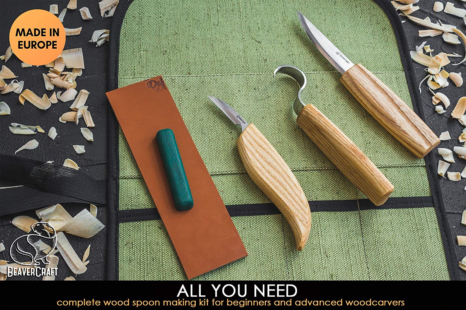 BeaverCraft Wood Spoon Carving Tools Kit- ชุดมีดแกะสลักไม้สำหรับขุดช้อน ถ้วย 3 เล่ม พร้อมหนังลับและไขลับคม มาพร้อมม้วนซองใส่มีด และไม้สำหรับเริ่มทำงาน (Made in Ukraine)