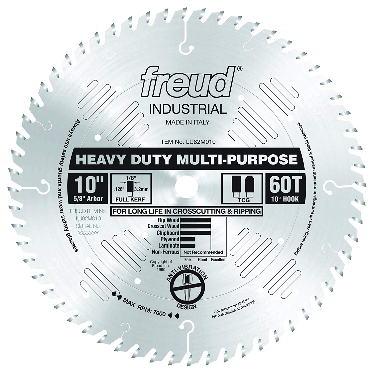 FREUD LU82M010 - 10" x 60T TCG Crosscutting and Ripping Saw Blade with 5/8-Inch Arbor -ใบเลื่อยขนาด 10 นิ้ว 60ฟัน สำหรับตัดอเนกประสงค์ทั้งตัดตามเสี้ยน และตัดขวางเสี้ยน (Made in Italy) สินค้าสั่งซื้อล่วงหน้า Pre-Order