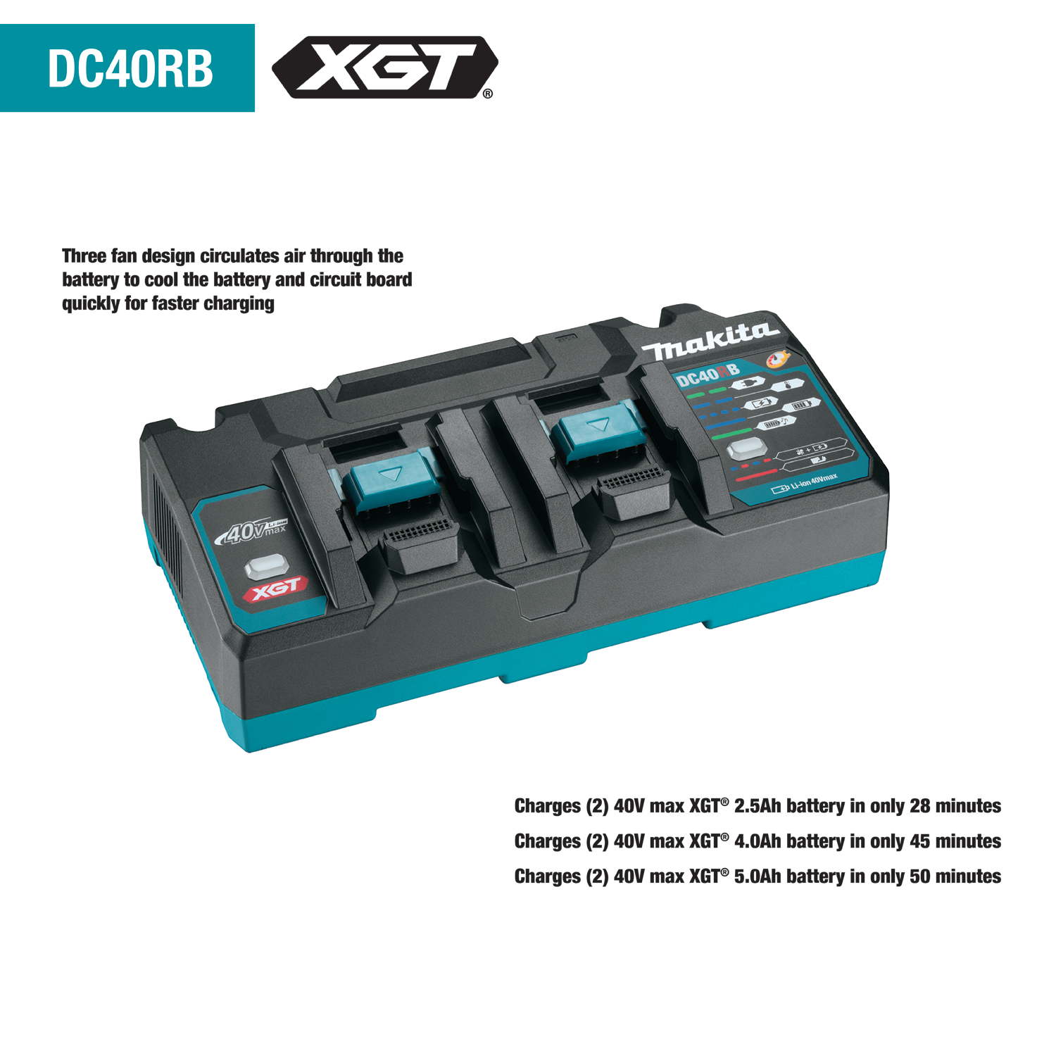 MAKITA DC40RB - 40V Dual Port Rapid Optimum Charger - แท่นชาร์ทเร็วแบบคู่ สำหรับแบตเตอรี่ลิเธียมไอออน 40 โวล์ท มากีต้า รุ่น DC40RB