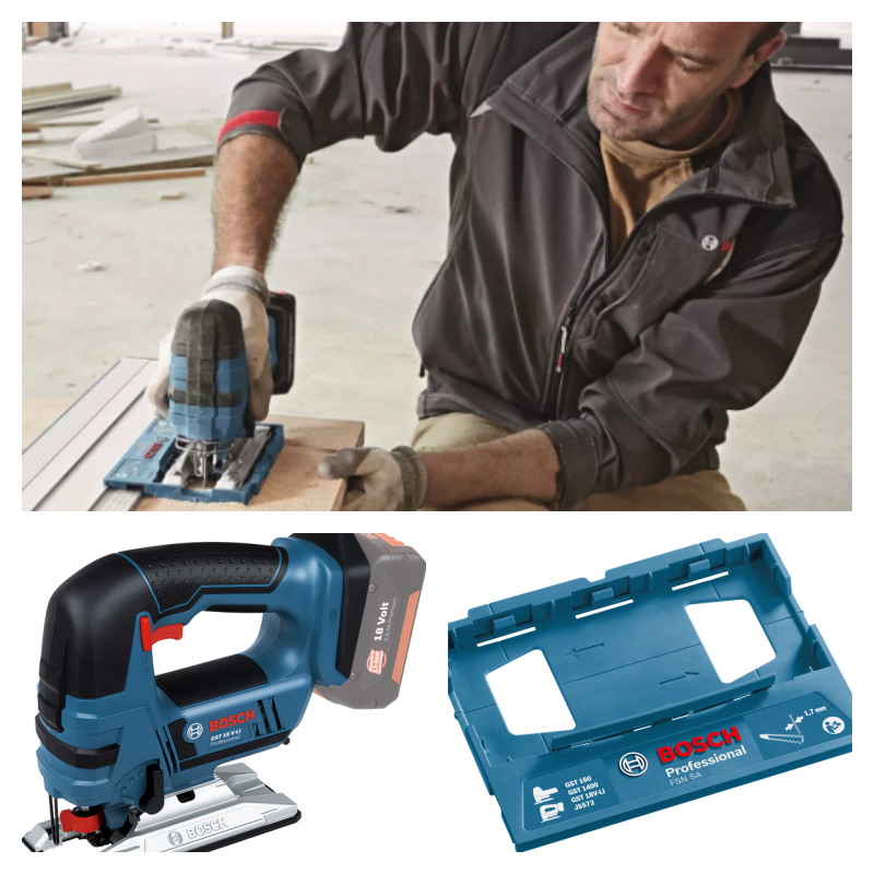 BOSCH GST 18V-LI B Cordless Jigsaw with FSN SA adapter for FSN Track System (SOLO) - เครื่องเลื่อยเปล่าจิ๊กซอว์ไร้สาย 18 โวลท์ กับอแดปเตอร์สำหรับใช้กับรางบ๊อช