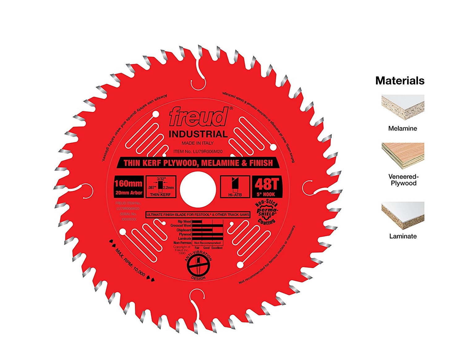FREUD LU79R006M20 - 48T Thin Kerf Plywood, Melamine and Finish Saw Blade for Track Saws -ใบเลื่อยสำหรับเลื่อยราง(Track Saw) 48 ฟันผลิตมาสำหรับการตัดไม้อัด ไม้จริง ไม้ปิดวีเนียร์ และเมลามีน U.S.A. (Made in Italy) สินค้าสั่งซื้อล่วงหน้า Pre-Order