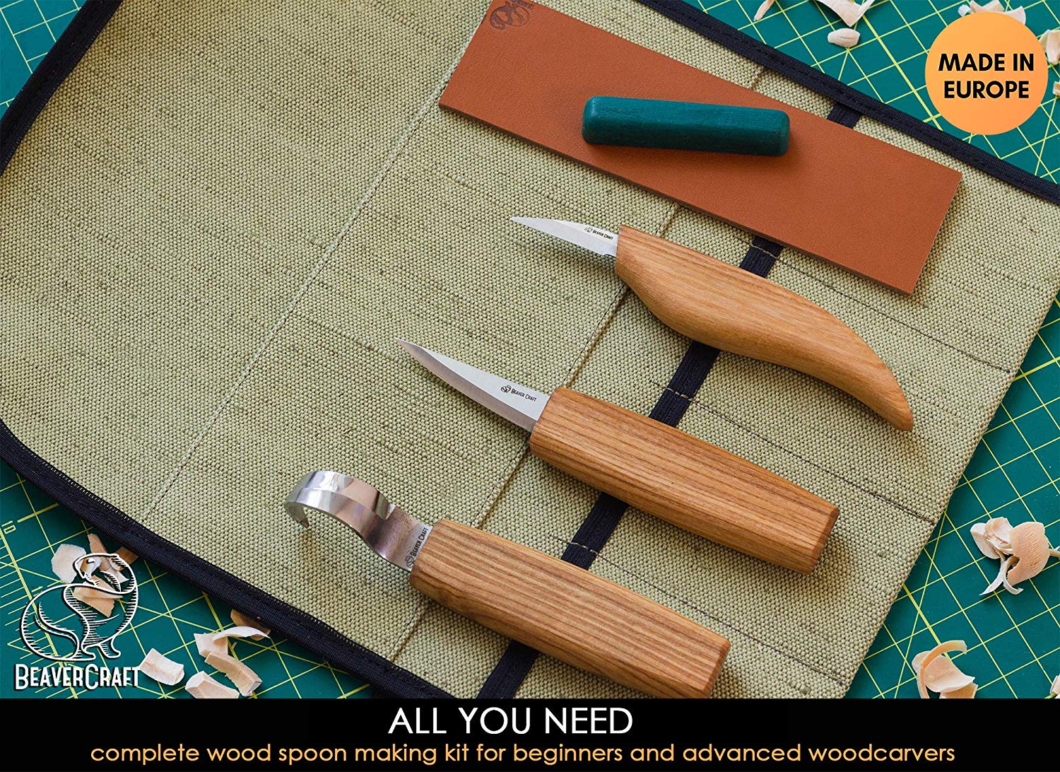BeaverCraft S17 Spoon Carving Set Wood Carving Kit ชุดมีดแกะสลักไม้สำหรับขุดช้อน ถ้วย 3 เล่ม หนังลับและไขลับคม มาพร้อมม้วนซองใส่มีด (Made in Ukraine)