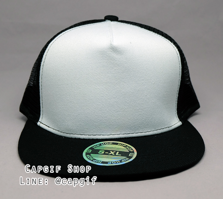 หมวกฮิปฮอปตาข่ายสีดำหน้าขาวปีกดำ