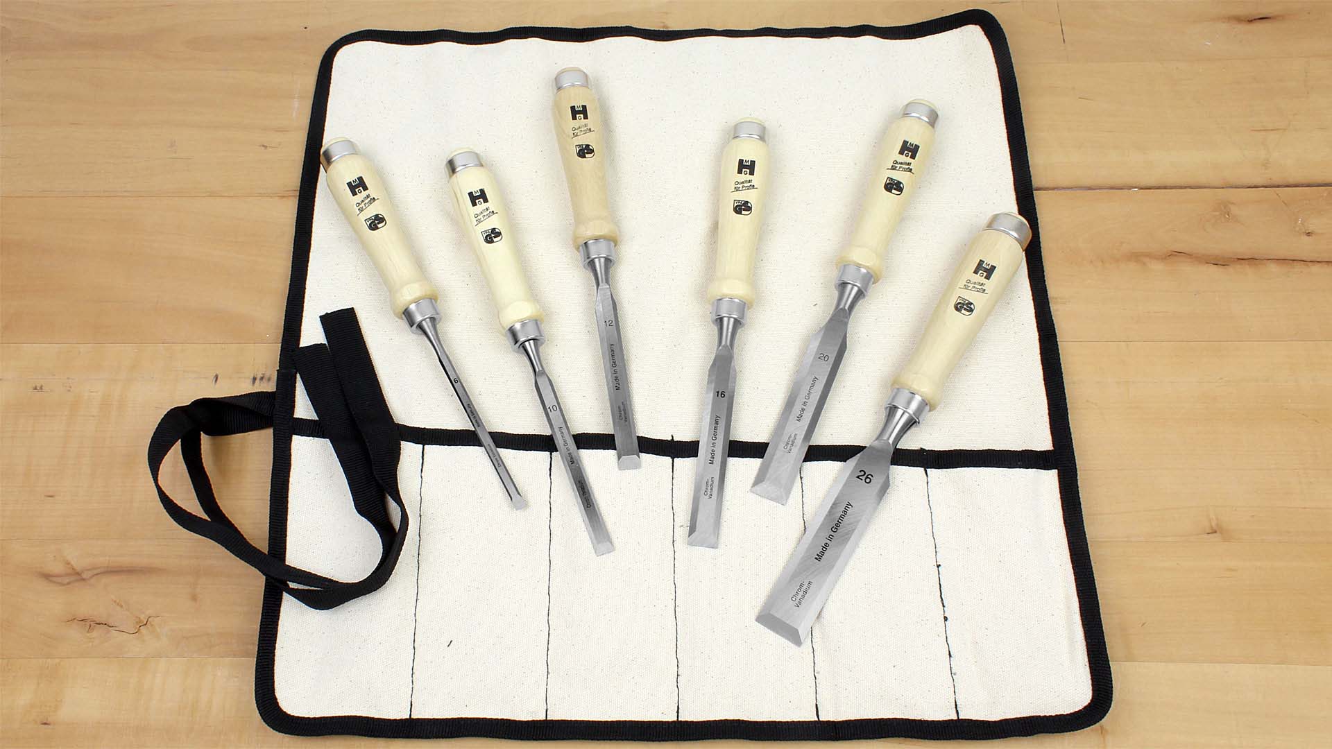 MHG 363121 Set of 6 MHG Regular Chisels in Canvas Tool Roll 6, 10, 12, 16, 20, 26 mm. - สิ่วชุด 6 เล่มขนาด 6มม. 10มม. 12มม. 16มม. 20มม. และ 26 มม. ในม้วนผ้าใบ (Made in Germany)