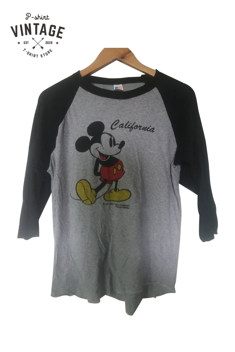 เสื้อยืดวินเทจมือสอง ไหล่สโลป แขนยาว ลายการ์ตูนมิกกี้เมาส์ Mickey Mouse สินค้าพร้อมส่ง