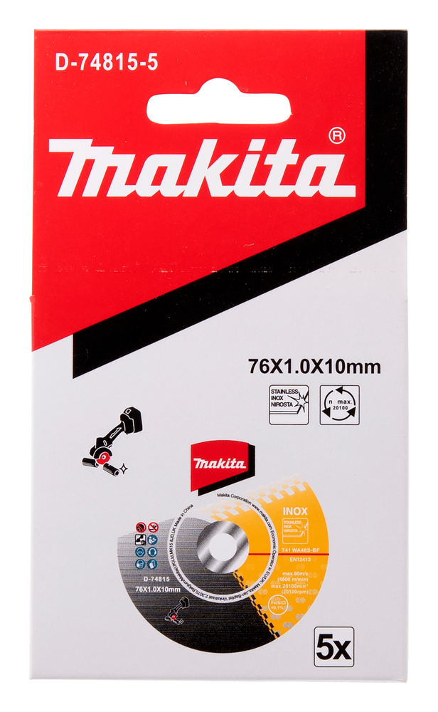 MAKITA D-74815-5, 5-Pc 3-inch INOX Cutting Discs Pack (for Stainless Steel), Accessories for Makita DMC300 and Bosch GWS 12V-76 Angle Grinders - ใบตัดเหล็กชุด 5 ใบ สำหรับเครื่องเจียร มากีต้า DMC300 หรือ บ็อช GWS12V-76