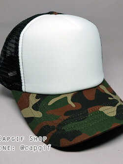 หมวกแก๊ปตาข่ายดำหน้าขาวปีกลายทหาร