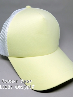 หมวกแก๊ปตาข่ายขาวหน้าหมวกสีเหลือง รุ่นผ้าพีชบาง