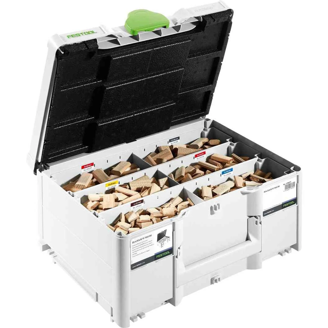 FESTOOL Beech DOMINO Tenons Assortment DS 4/5/6/8/10 1060 BU - ชุดเดือยไม้บีชขนาด 4/ 5 / 6 /8 / 10 มม รวม 1060 ชิ้น และดอกเจาะ 5ดอก สำหรับเครื่องเจาะโดมิโน พร้อมกล่องเก็บ